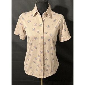 Vintage Sears Shirt Womens‎ 10 Pink Floral Short Sleeve Button Polyester 70s